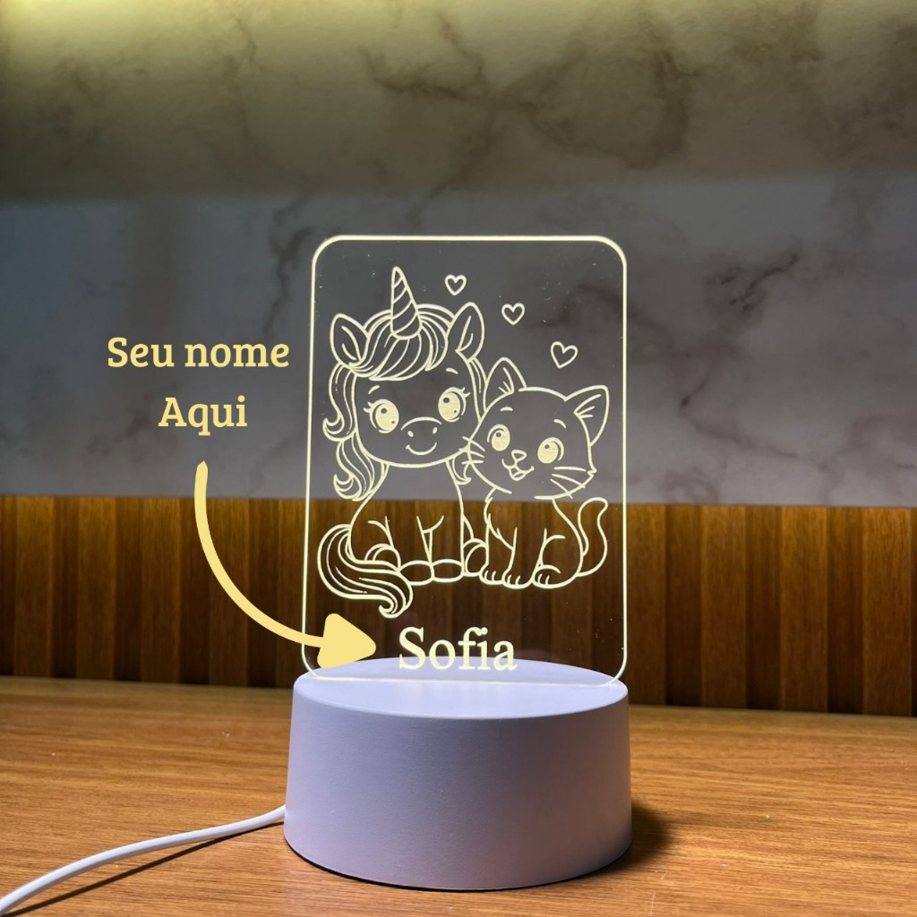 Luminária Personalizada Unicórnio e Gatinho – Nome Gravado +