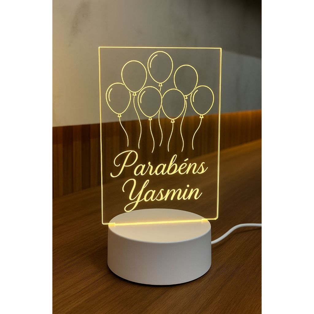 Placa de Acrílico Iluminada Parabéns com Balões